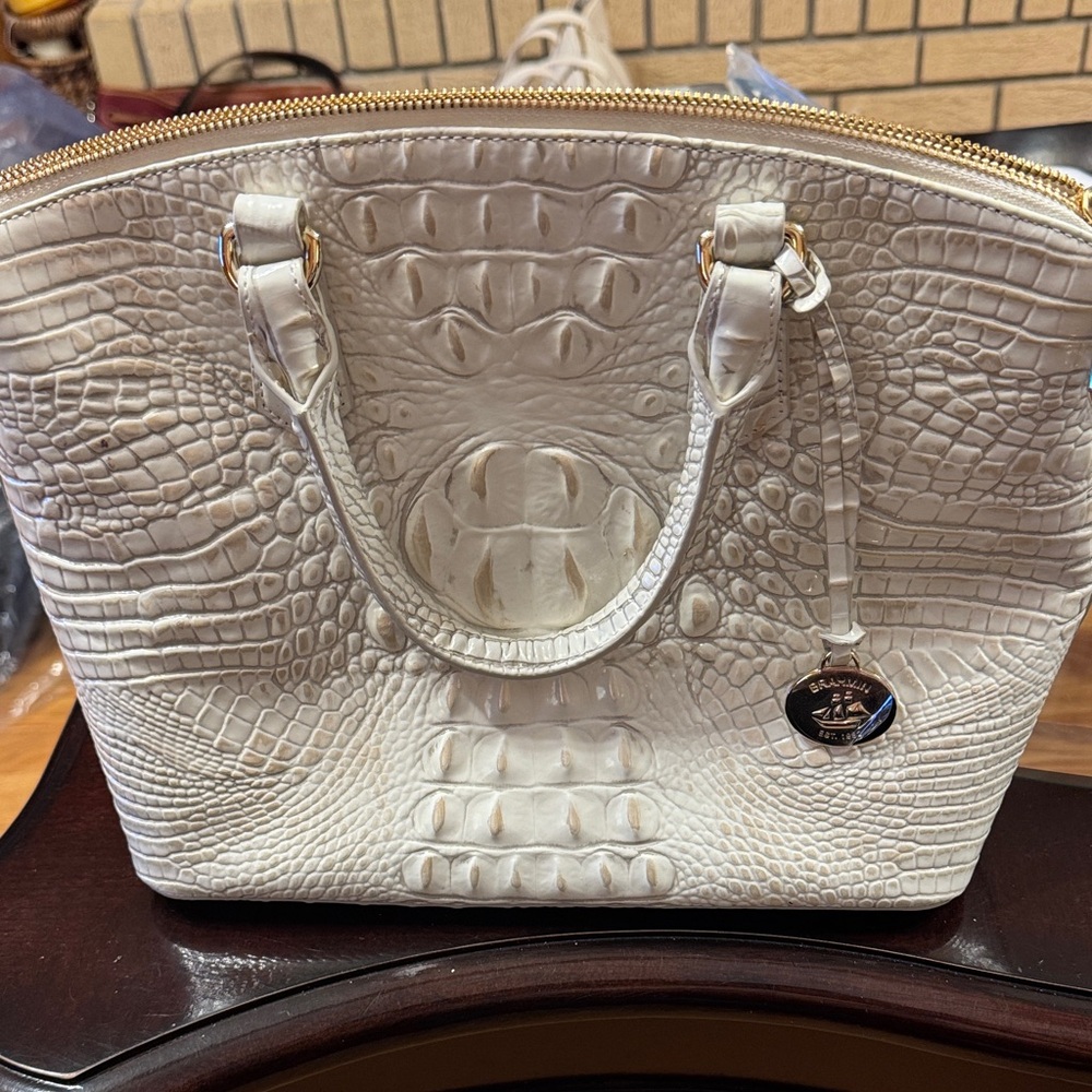 Brahmin Cream Crocodile-Embossed Satchel